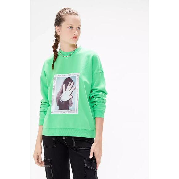 ZGY Zee Sweatshirt Oversized Womens Large Green Crew Neck Graphic Print New - Picture 2 of 7